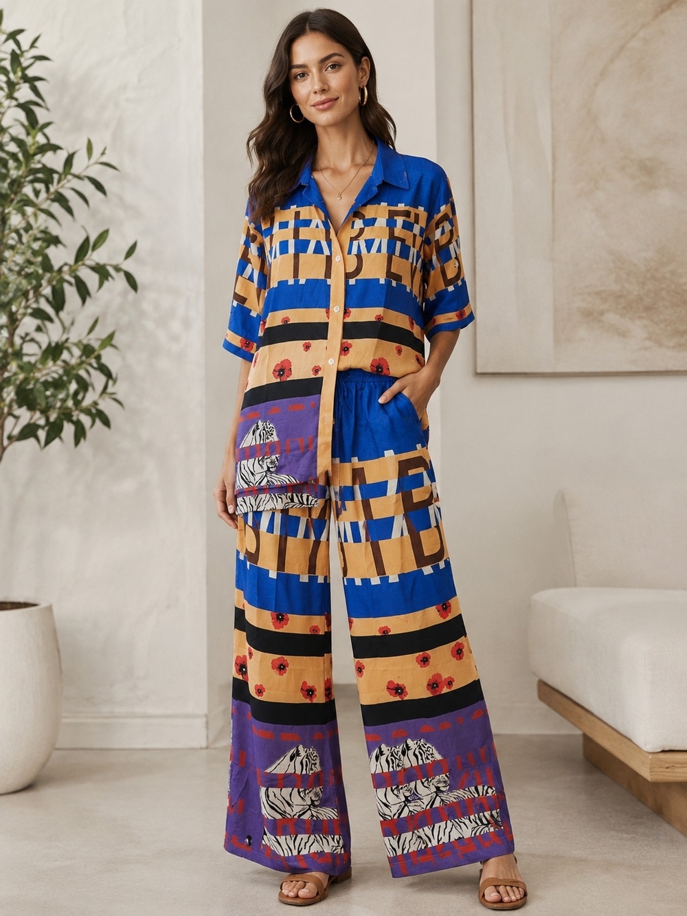 Endless Moon Blue & Tan Wide-Leg Printed Jumpsuit by